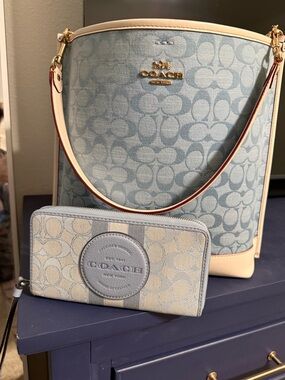 Coach Light Blue Signature Canvas Shoulder Bag with Cream Trim with wallet